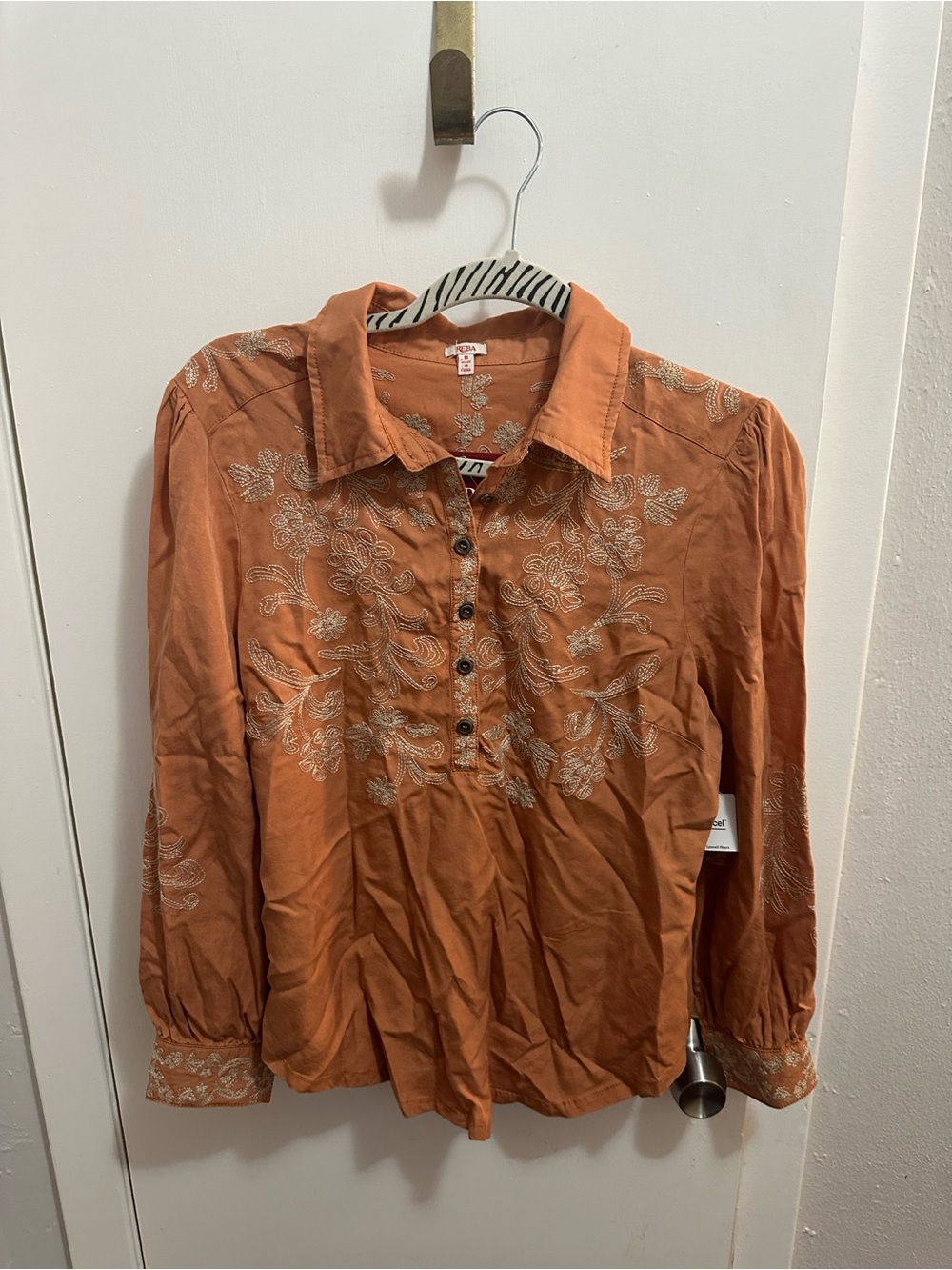 Reba Embroidered Rust-Orange Buttoned Collared Blouse